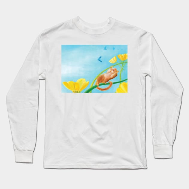 Hazel Dormouse Looking at the Birds in the Sky Illustration Long Sleeve T-Shirt by Julia Doria Illustration